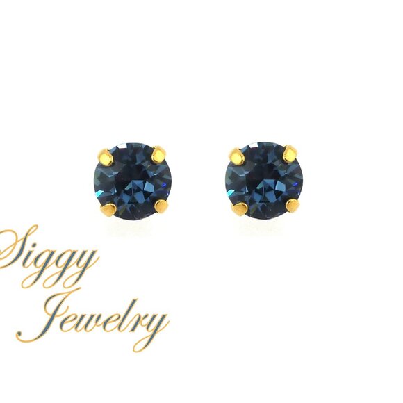 Austrian Crystal Earrings, 8mm Denim Blue, Round Solitaire Studs or Drops - Picture 1 of 7